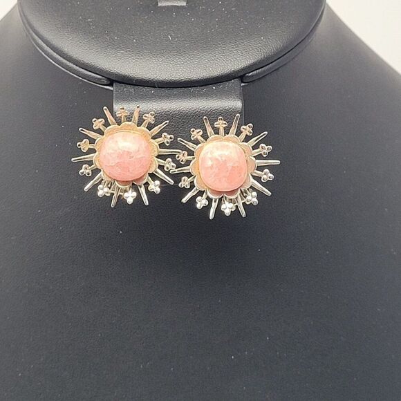 Vintage 60s Pink Quartz Sunburst Satellite Clip-On Earrings Silver Tone Glam - Picture 8 of 8